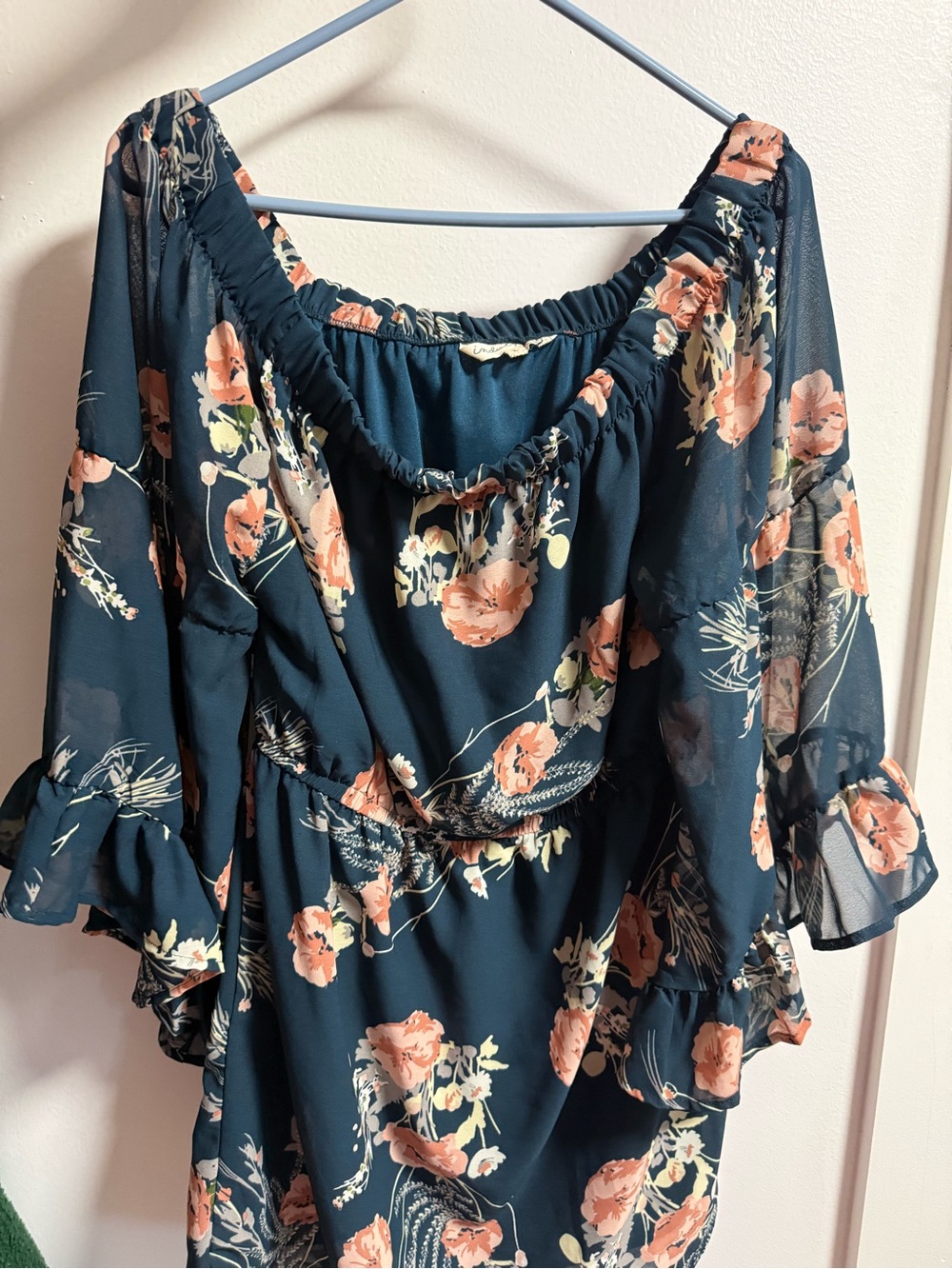 indulge Navy Floral Off-Shoulder Tunic with Peach Blooms